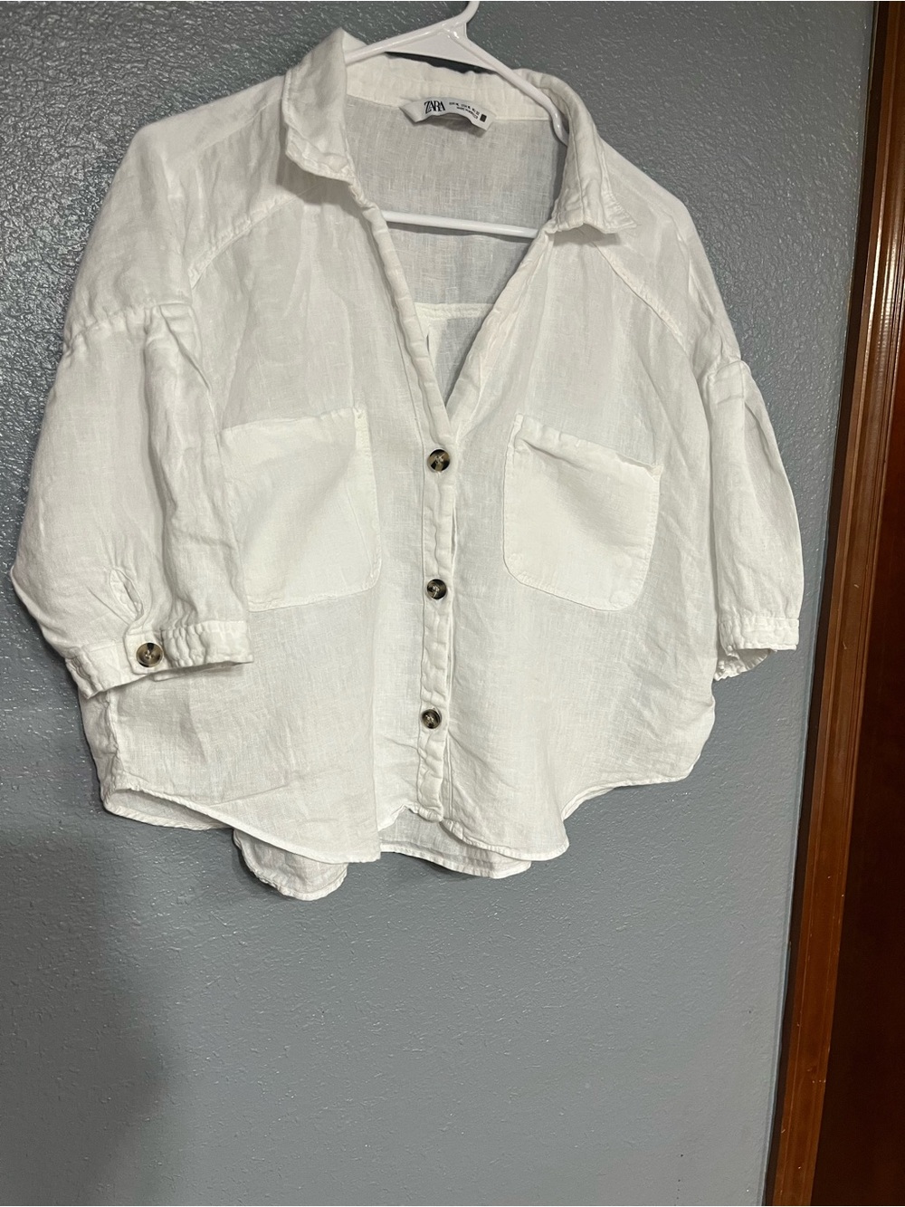 Zara White Linen Button-Front Pocket cropped Shirt